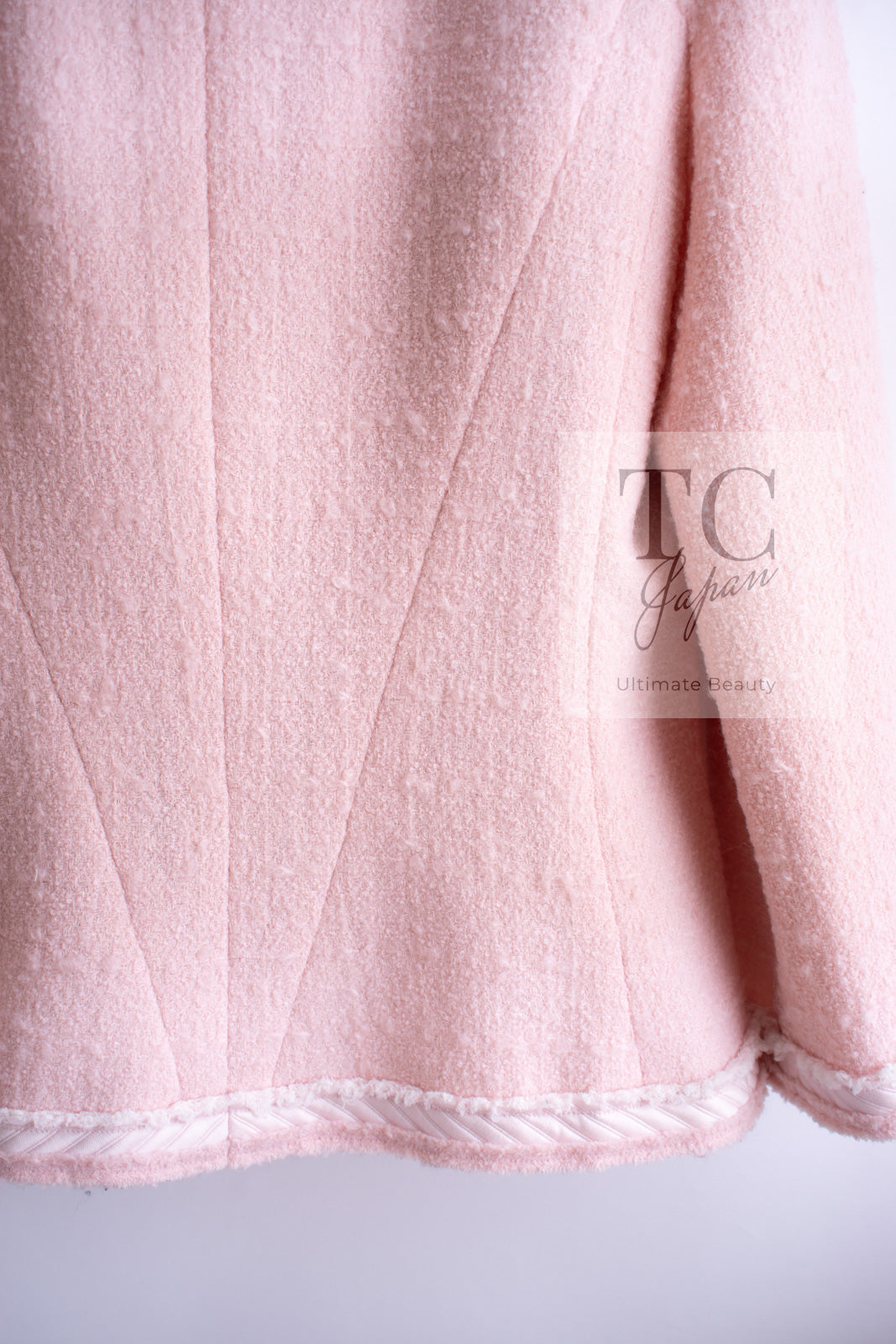 CHANEL 09A Pale Pink Apricot Wool Mohair Collarless Tweed Jacket 34 シャネル ペイル ピンク アプリコット ウール モヘア ノーカラー ツイード ジャケット 即発