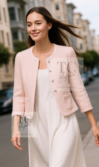 CHANEL 09A Pale Pink Apricot Wool Mohair Collarless Tweed Jacket 34 シャネル ペイル ピンク アプリコット ウール モヘア ノーカラー ツイード ジャケット 即発