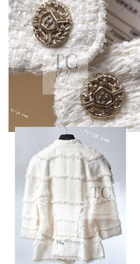 CHANEL 08S Ivory Creme Cotton Silk Chiffon Chain Trim Jacket 42 シャネル アイボリー クリーム コットン シルク シフォン チェーン トリム ジャケット 即発