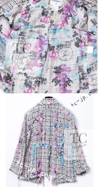 CHANEL 07C White Gray Graffiti CC Logo Tweed Jacket 38 40 42 シャネル ホワイト グレー グラフィティ ロゴ ツイード ジャケット 即発