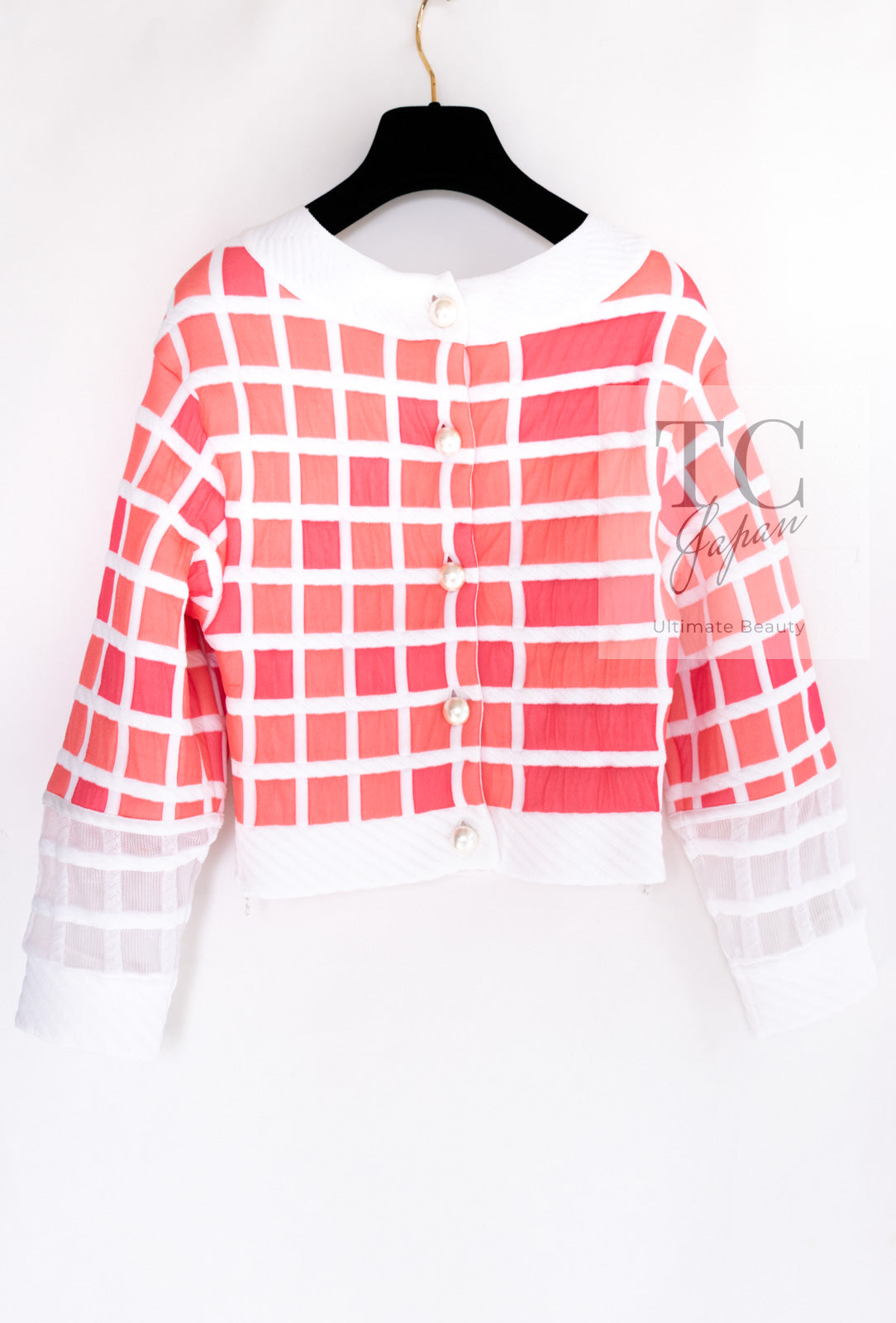 CHANEL 13C Light Pink White Quilted Pearl Button Sweater Tops 34 シャネル ライトピンク ホワイト キルティング パールボタン セーター トップス 即発