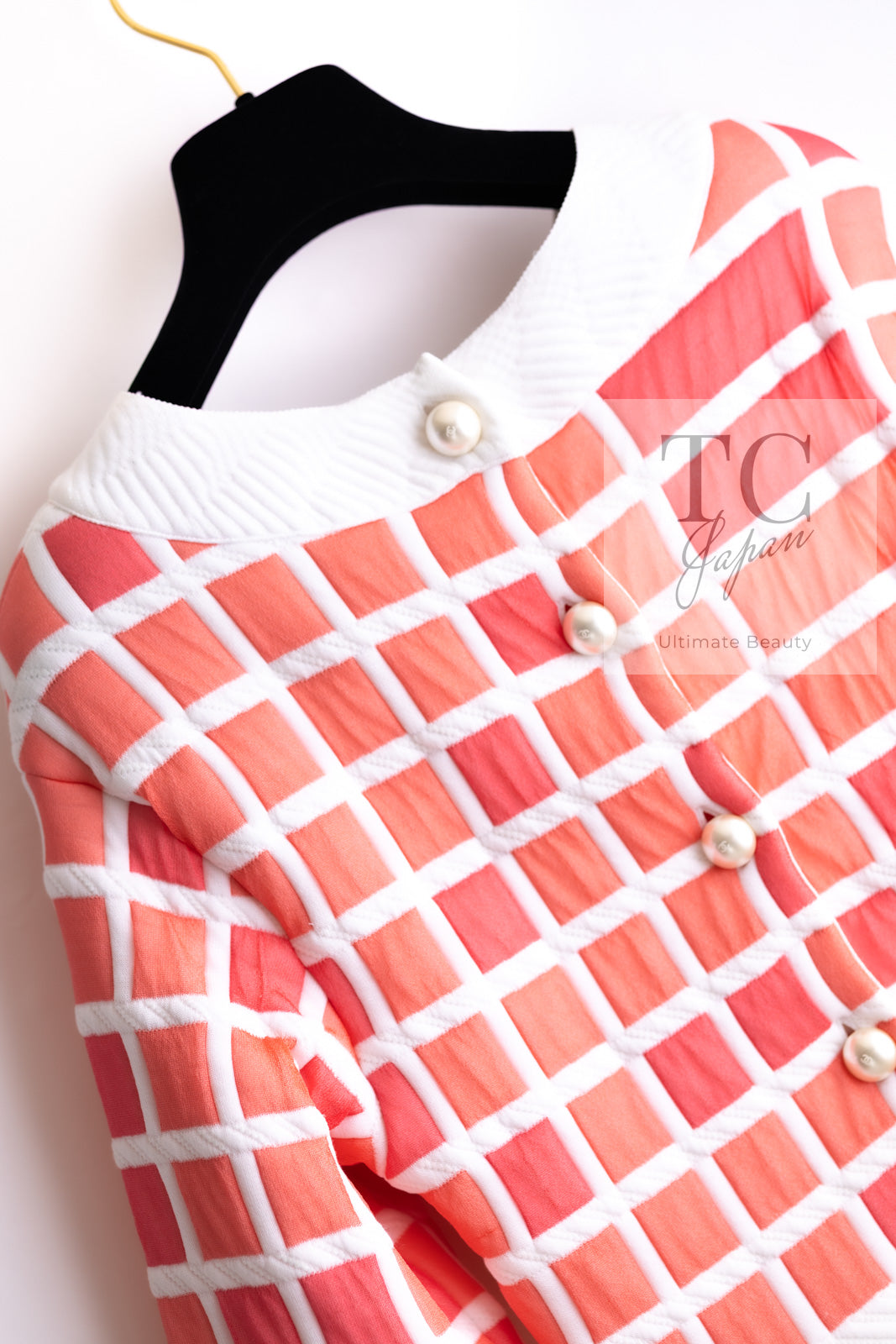 CHANEL 13C Light Pink White Quilted Pearl Button Sweater Tops 34 シャネル ライトピンク ホワイト キルティング パールボタン セーター トップス 即発