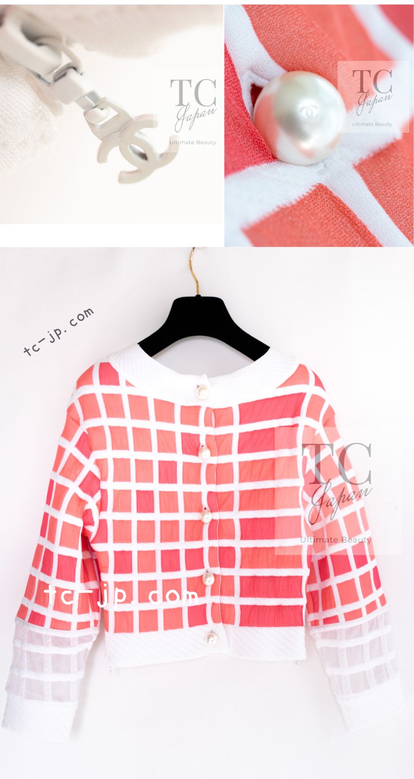 CHANEL 13C Light Pink White Quilted Pearl Button Sweater Tops 34 シャネル ライトピンク ホワイト キルティング パールボタン セーター トップス 即発