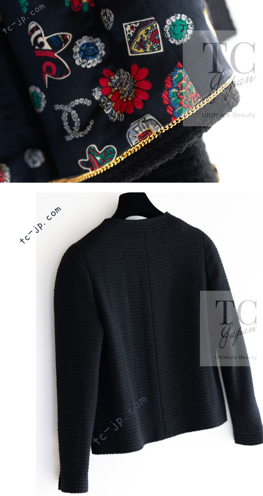 CHANEL 91A Vintage Black Wool Tweed Jacket Skirt Suit Gripoix Accessaries Pattern Silk Lining 36 38 シャネル ヴィンテージ ブラック ウール ツイード 幻のジャケット スカート スーツ グリポア 宝石柄 シルク裏 即発