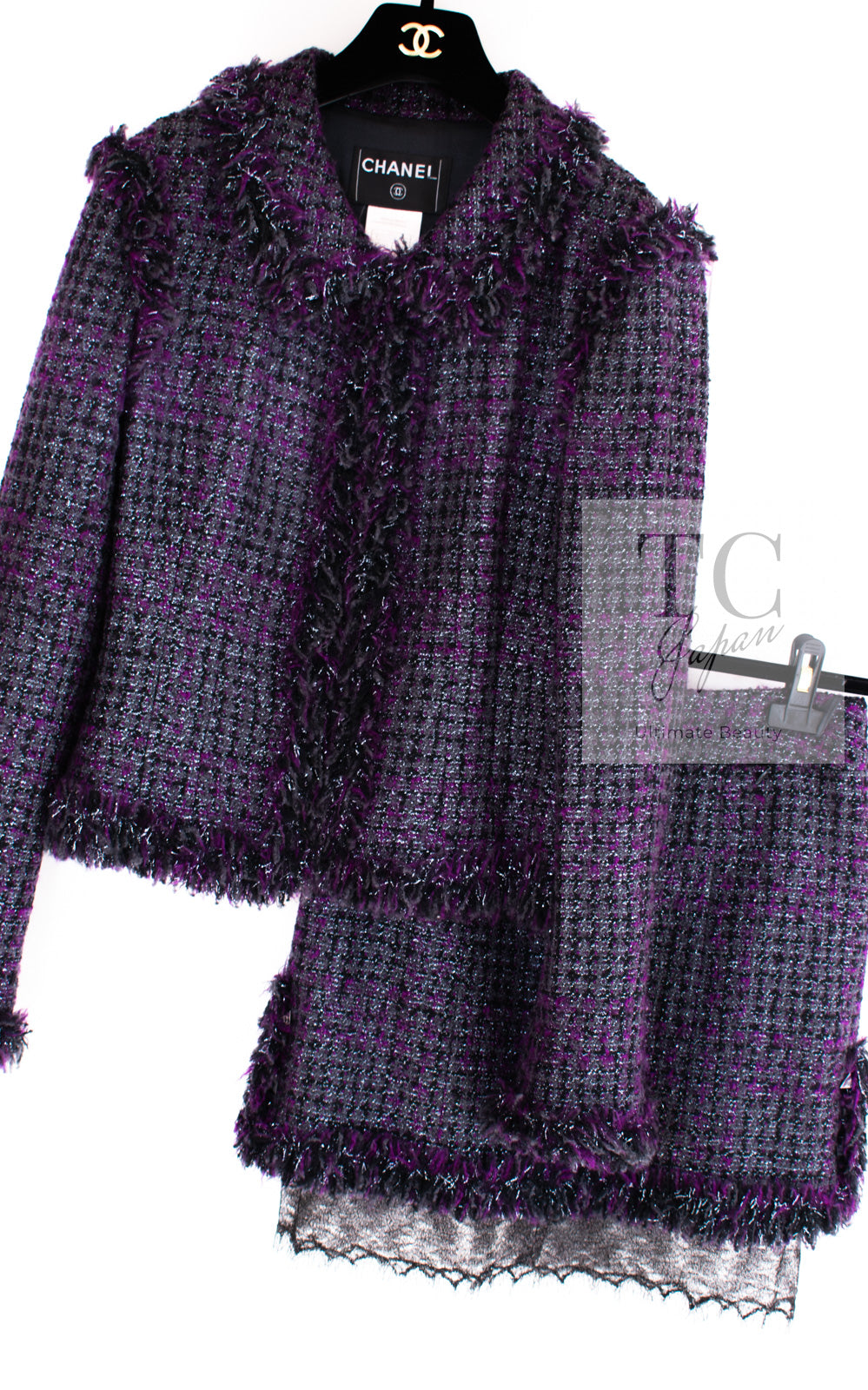CHANEL 03A Purple Black Metallic Wool Tweed Jacket Skirt Suit 38 シャネル パープル ブラック ウール ツイード ジャケット スカート スーツ 即発