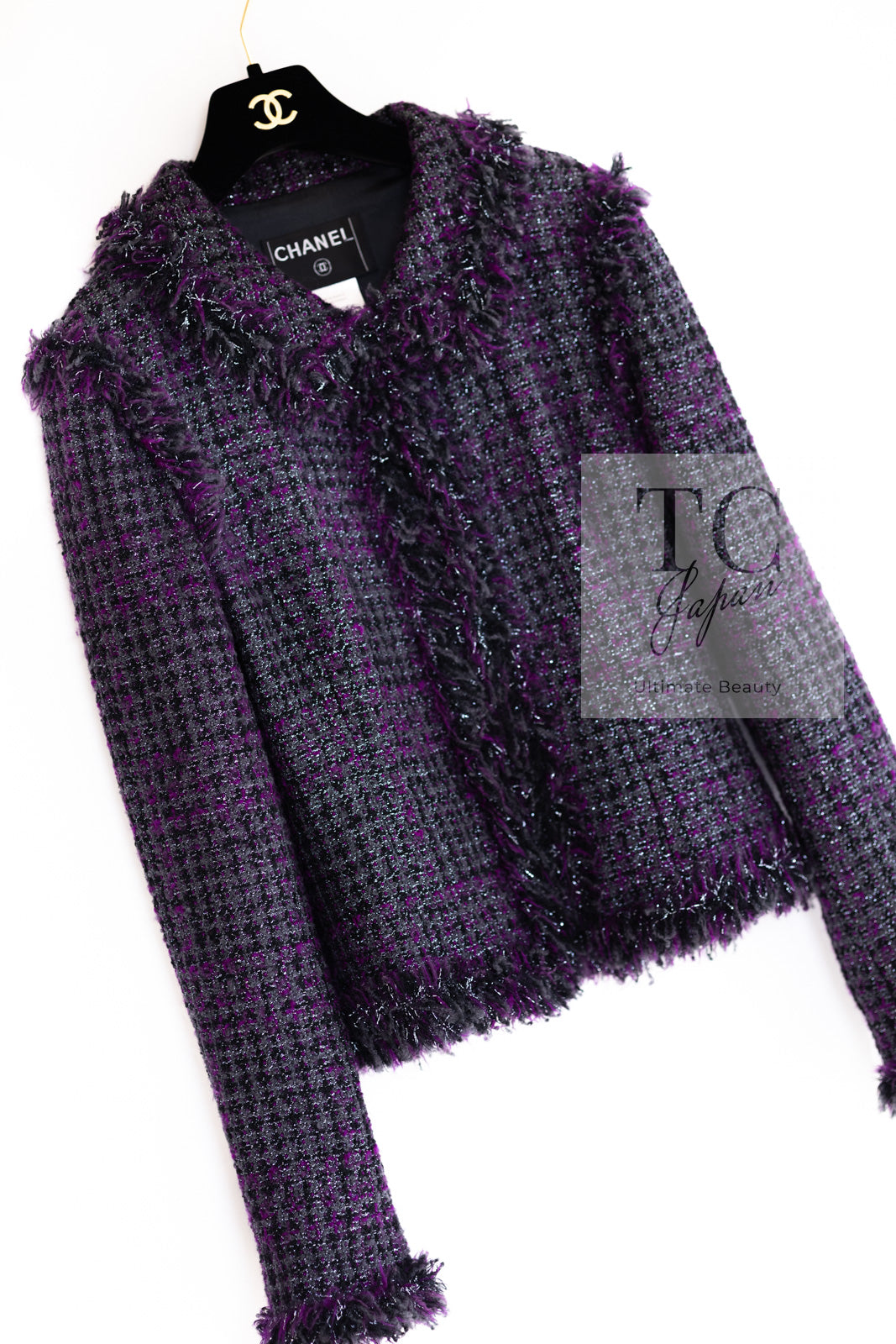 CHANEL 03A Purple Black Metallic Wool Tweed Jacket Skirt Suit 38 シャネル パープル ブラック ウール ツイード ジャケット スカート スーツ 即発