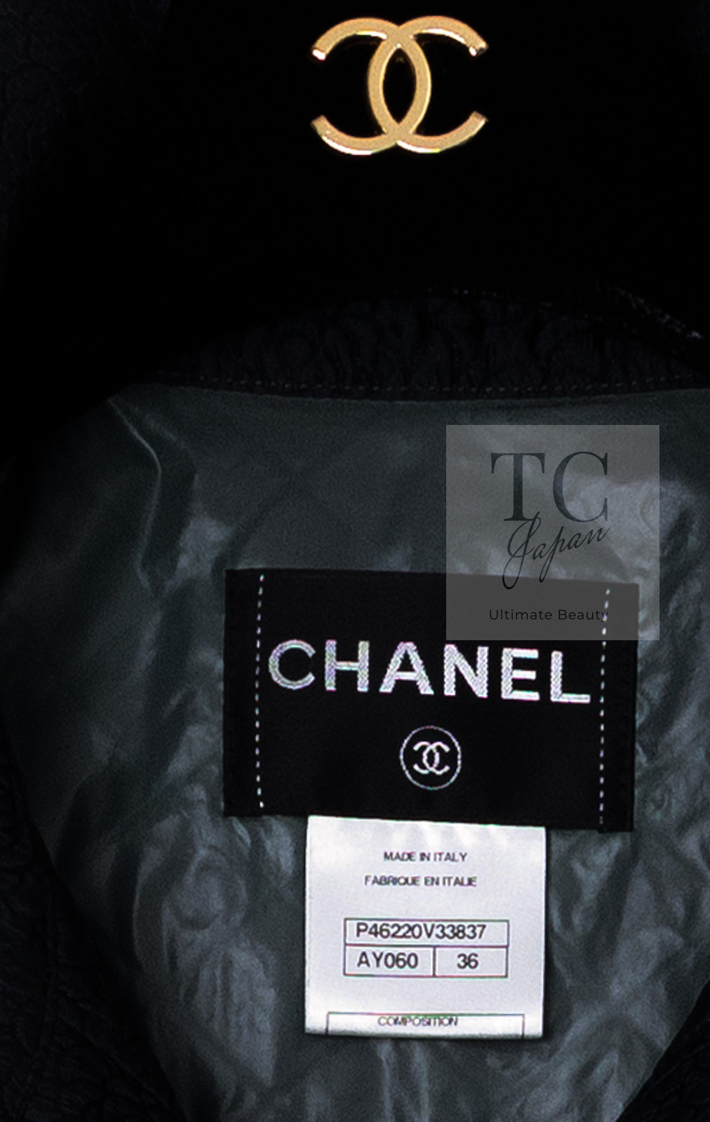 CHANEL 13S Navy Silk Nylon Camellia Stand Collar Jacket Coat 38 40 シャネル ネイビー シルク ナイロン カメリア スタンド襟  ジャケット コート 即発
