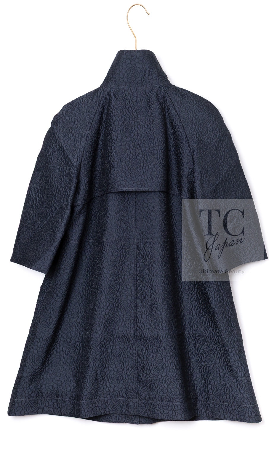 CHANEL 13S Navy Silk Nylon Camellia Stand Collar Jacket Coat 38 40 シャネル ネイビー シルク ナイロン カメリア スタンド襟  ジャケット コート 即発