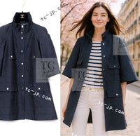 CHANEL 13S Navy Silk Nylon Camellia Stand Collar Jacket Coat 38 40 シャネル ネイビー シルク ナイロン カメリア スタンド襟  ジャケット コート 即発