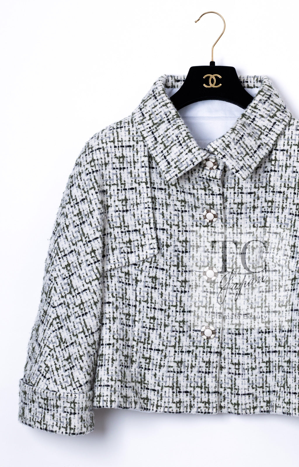 CHANEL 18PA Ivory Khaki Cashmere Wool Silk Jacket 36 シャネル アイボリー カーキ カシミヤ ウール シルク ジャケット 即発
