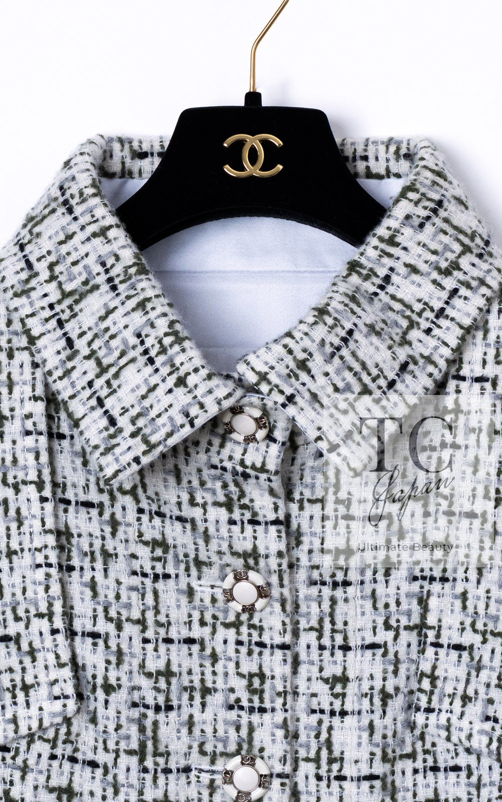 CHANEL 18PA Ivory Khaki Cashmere Wool Silk Jacket 36 シャネル アイボリー カーキ カシミヤ ウール シルク ジャケット 即発