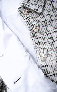 CHANEL 18PA Ivory Khaki Cashmere Wool Silk Jacket 36 シャネル アイボリー カーキ カシミヤ ウール シルク ジャケット 即発