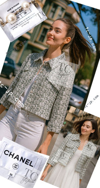 CHANEL 18PA Ivory Khaki Cashmere Wool Silk Jacket 36 シャネル アイボリー カーキ カシミヤ ウール シルク ジャケット 即発