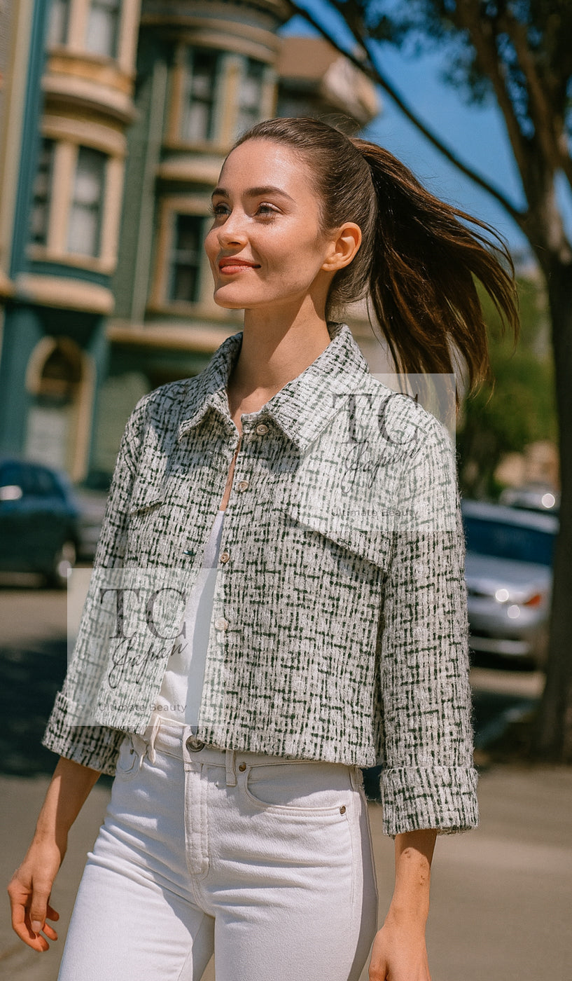 CHANEL 18PA Ivory Khaki Cashmere Wool Silk Jacket 36 シャネル アイボリー カーキ カシミヤ ウール シルク ジャケット 即発