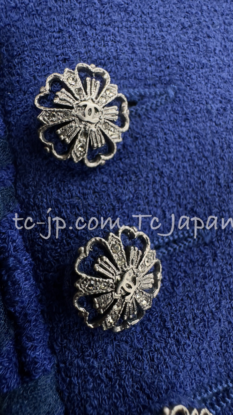 CHANEL 07PF Royal Blue Trimming CC Flower Buttons Wool Jacket 42 シャネル ロイヤル ブルー トリミング フラワー ココ ボタン ウール ジャケット 即発