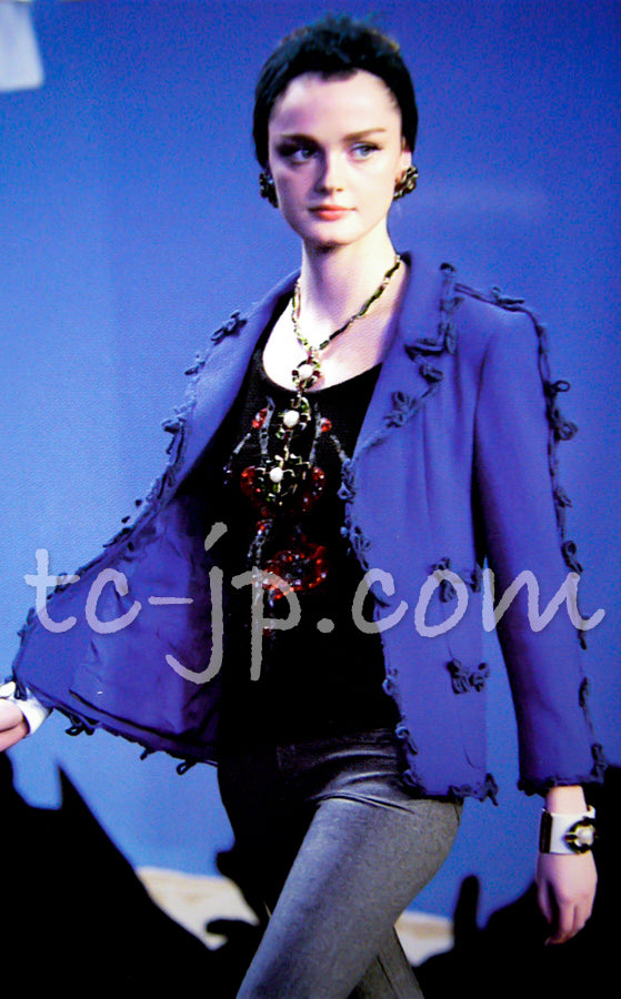 CHANEL 07PF Royal Blue Trimming CC Flower Buttons Wool Jacket 42 シャネル ロイヤル ブルー トリミング フラワー ココ ボタン ウール ジャケット 即発