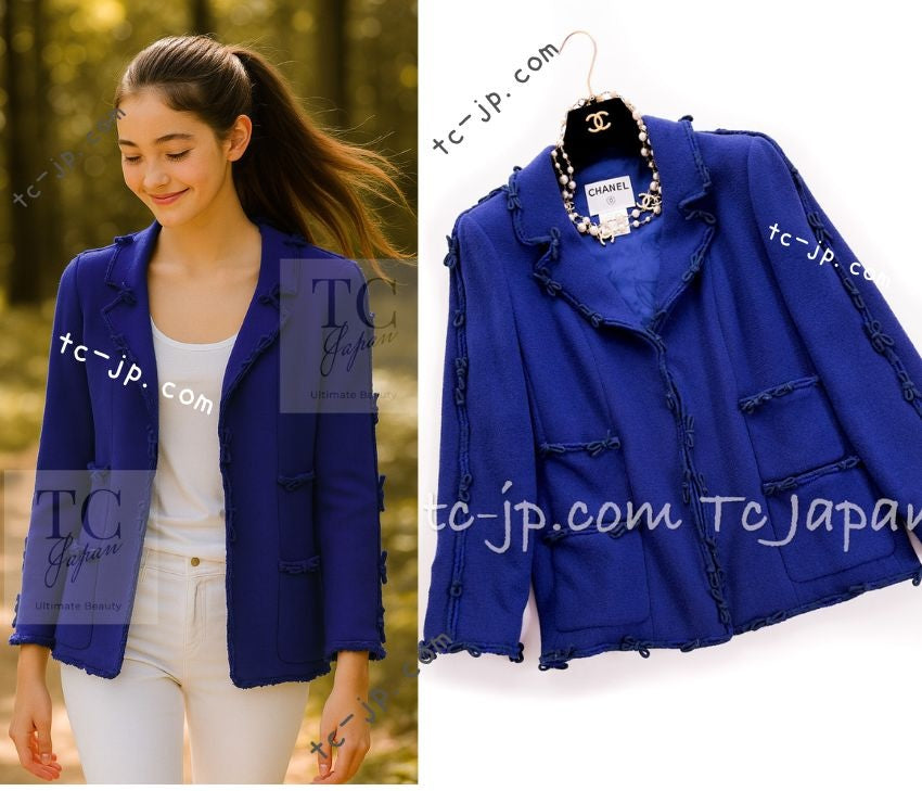 CHANEL 07PF Royal Blue Trimming CC Flower Buttons Wool Jacket 42 シャネル ロイヤル ブルー トリミング フラワー ココ ボタン ウール ジャケット 即発