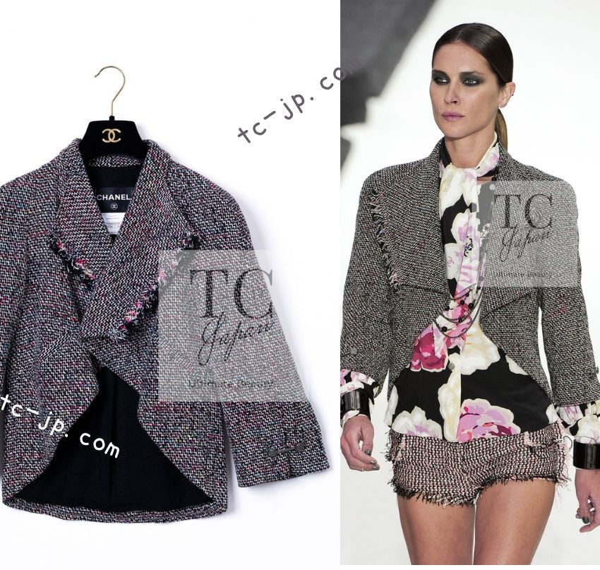 CHANEL 11S Black Red Multicolor Cotton Silk Tweed Jacket 34 36 シャネル ブラック レッド マルチカラー コットン シルク ツイード ジャケット 即発