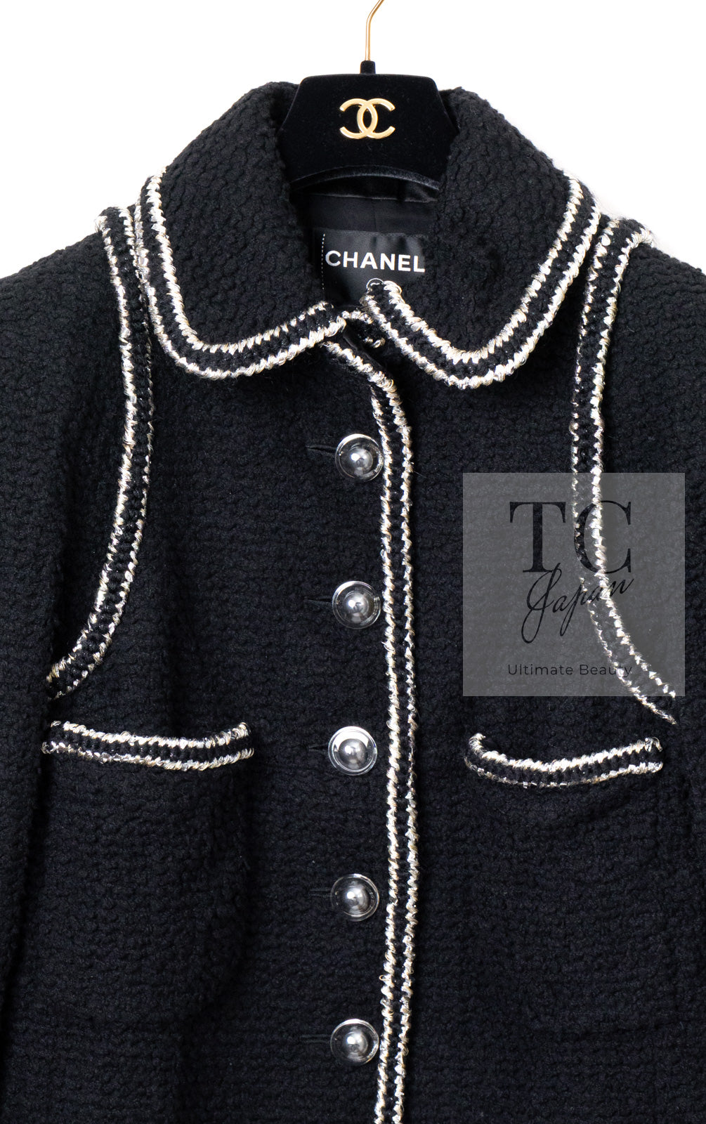 CHANEL 17A Black Wool Silk Braid Trimming Coat Jacket 42 シャネル ブラック ウール シルク ブレイドトリミング コート ジャケット 即発
