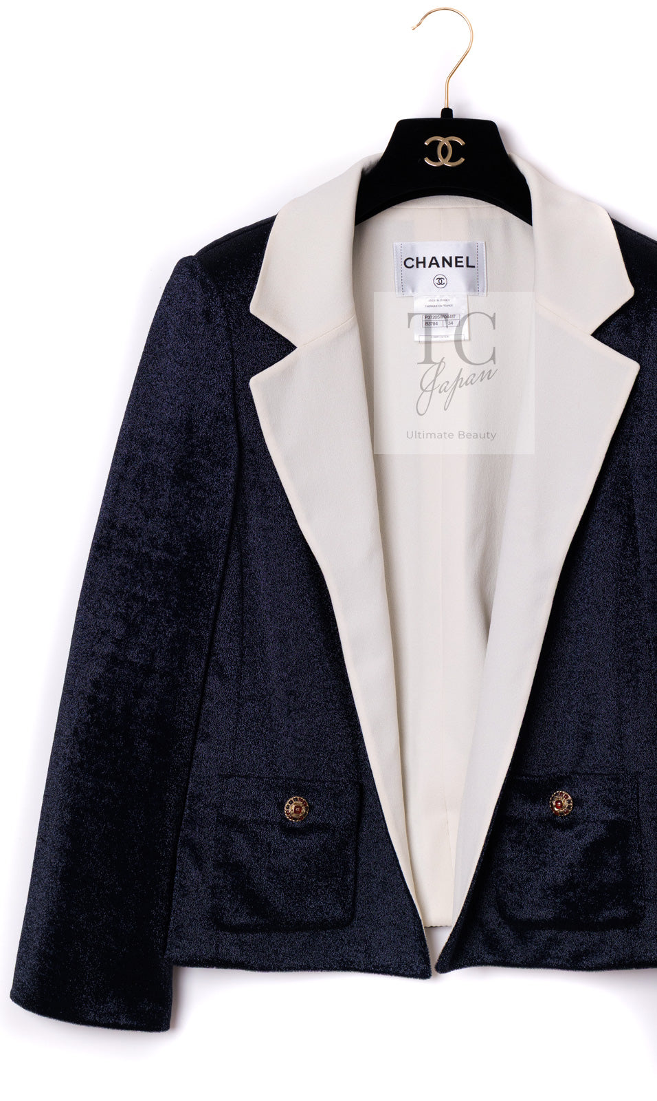 CHANEL 10C Navy Ivory Crystals Gripoix Buttons Jacket 34 36 シャネル ネイビー アイボリー クリスタル グリポア宝石ボタン ジャケット 即発