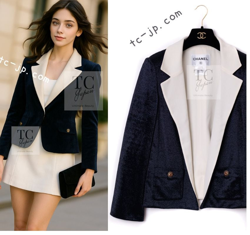 CHANEL 10C Navy Ivory Crystals Gripoix Buttons Jacket 34 36 シャネル ネイビー アイボリー クリスタル グリポア宝石ボタン ジャケット 即発