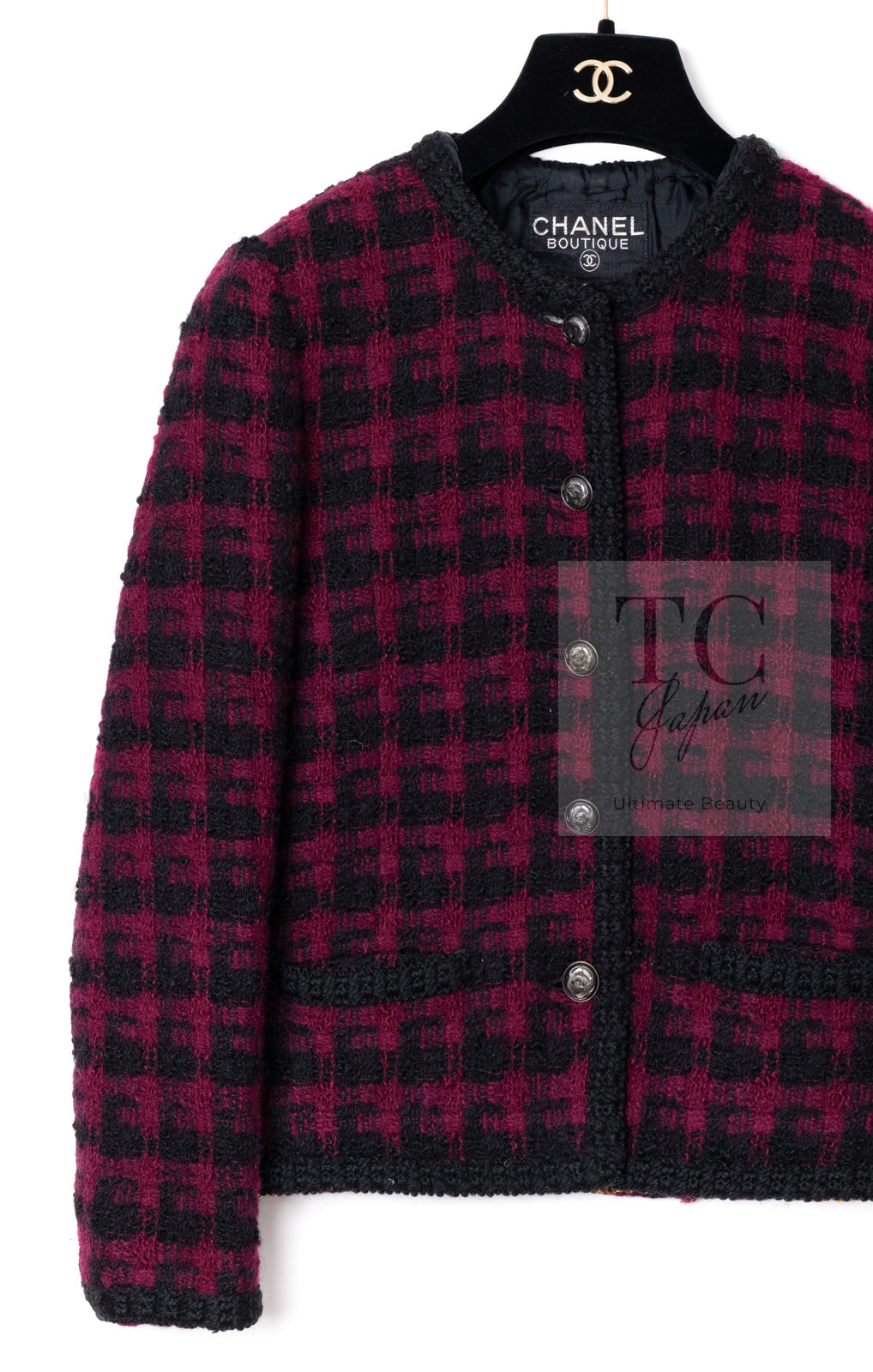 CHANEL 80C Vintage Bordeaux Wine Black Wool Tweed Jacket 36 シャネル ヴィンテージ ボルドー ブラック ブークレ プードル ウール ツイード ジャケット 即発