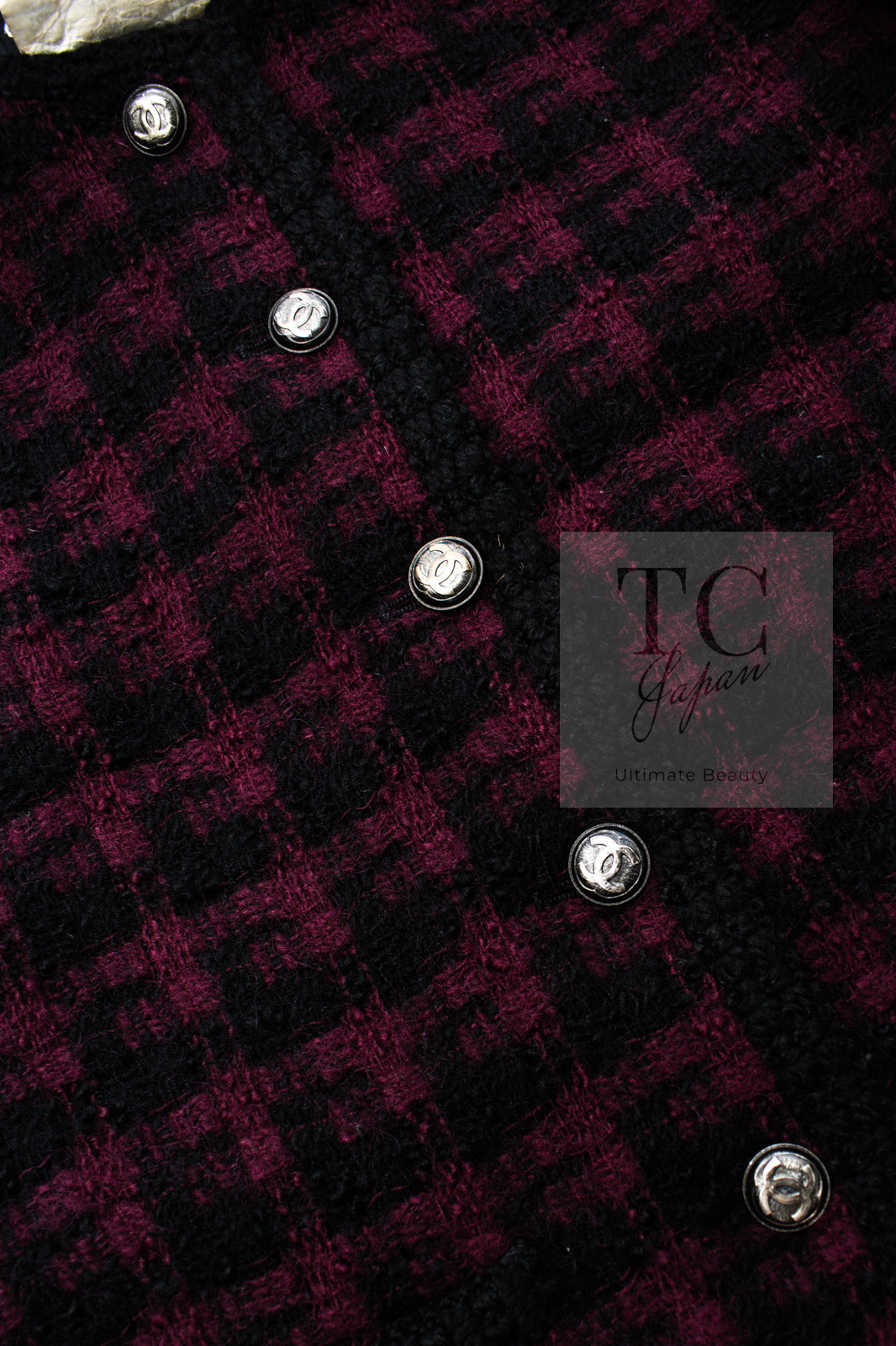 CHANEL 80C Vintage Bordeaux Wine Black Wool Tweed Jacket 36 シャネル ヴィンテージ ボルドー ブラック ブークレ プードル ウール ツイード ジャケット 即発