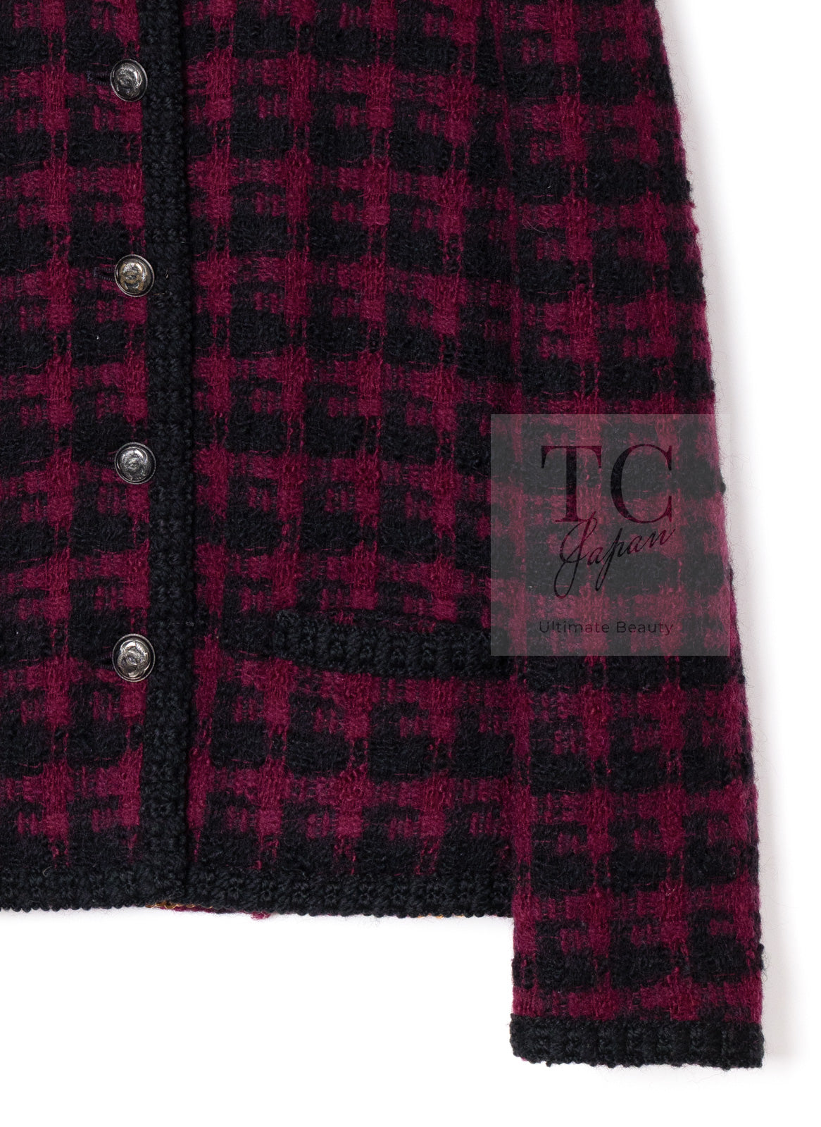 CHANEL 80C Vintage Bordeaux Wine Black Wool Tweed Jacket 36 シャネル ヴィンテージ ボルドー ブラック ブークレ プードル ウール ツイード ジャケット 即発