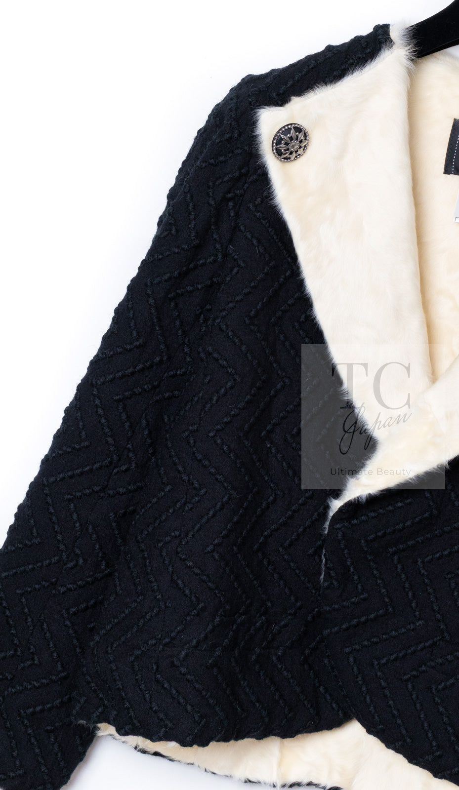CHANEL 09A Black Ivory Wool Lamb Fur Lining Jacket 36 38 シャネル ブラック アイボリー ウール ラム ファー ライニング ジャケット 即発
