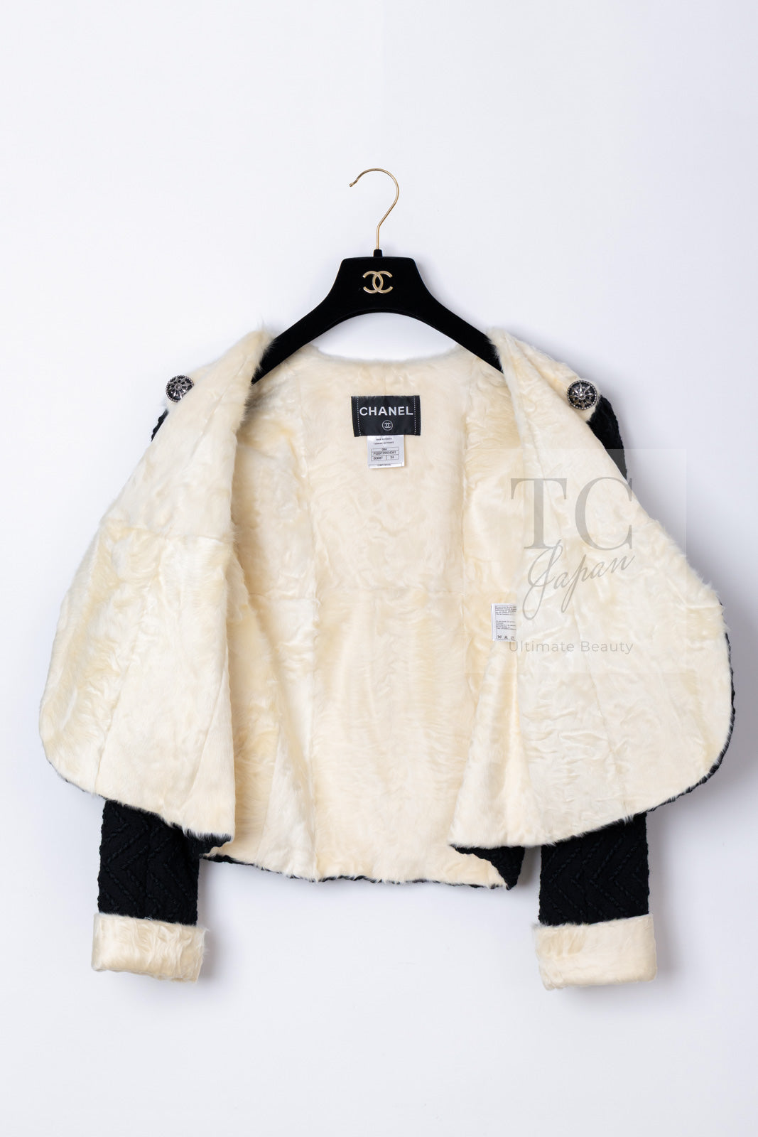 CHANEL 09A Black Ivory Wool Lamb Fur Lining Jacket 36 38 シャネル ブラック アイボリー ウール ラム ファー ライニング ジャケット 即発