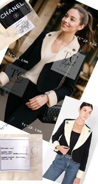 CHANEL 09A Black Ivory Wool Lamb Fur Lining Jacket 36 38 シャネル ブラック アイボリー ウール ラム ファー ライニング ジャケット 即発