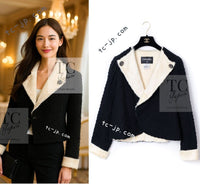 CHANEL 09A Black Ivory Wool Lamb Fur Lining Jacket 36 38 シャネル ブラック アイボリー ウール ラム ファー ライニング ジャケット 即発