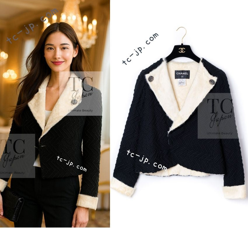 CHANEL 09A Black Ivory Wool Lamb Fur Lining Jacket 36 38 シャネル ブラック アイボリー ウール ラム ファー ライニング ジャケット 即発