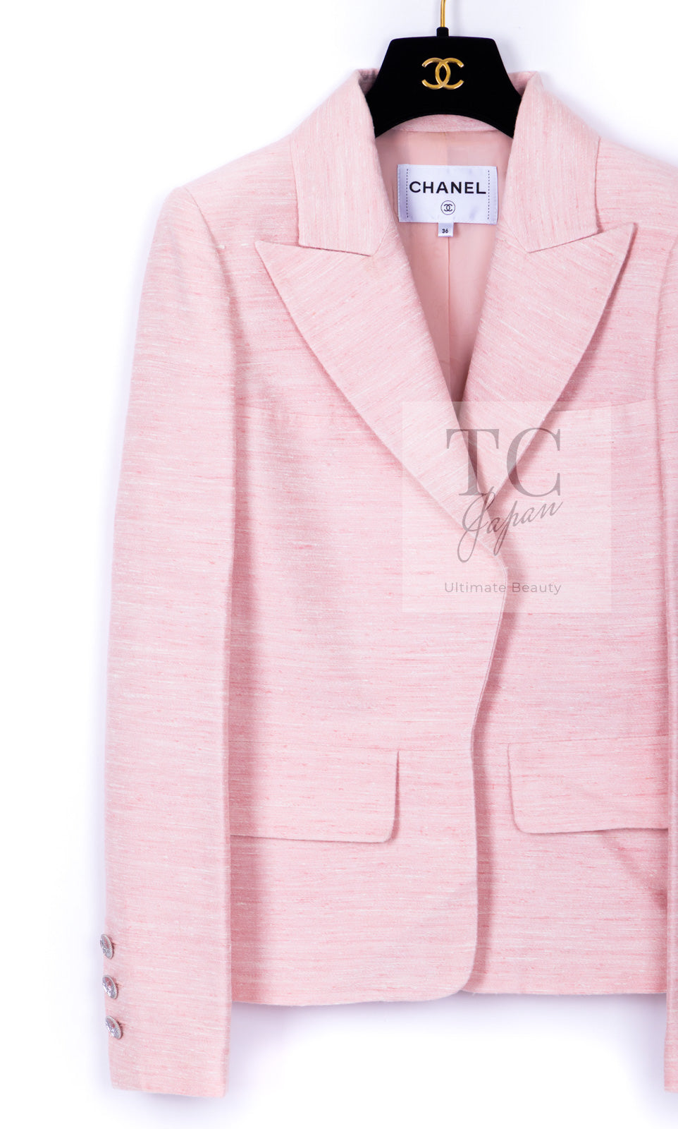 CHANEL 17C Cuba Runway Pink Silk Canvas Logo Button Jacket 36 シャネル キューバ ランウェイ ピンク シルク キャンバス ココボタン ジャケット 即発