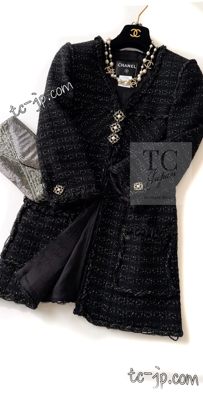 CHANEL 07PF Black Metallic Long Tweed Coat Jacket 38 40 シャネル ブラック メタリック ロング ツイード コート ジャケット 即発