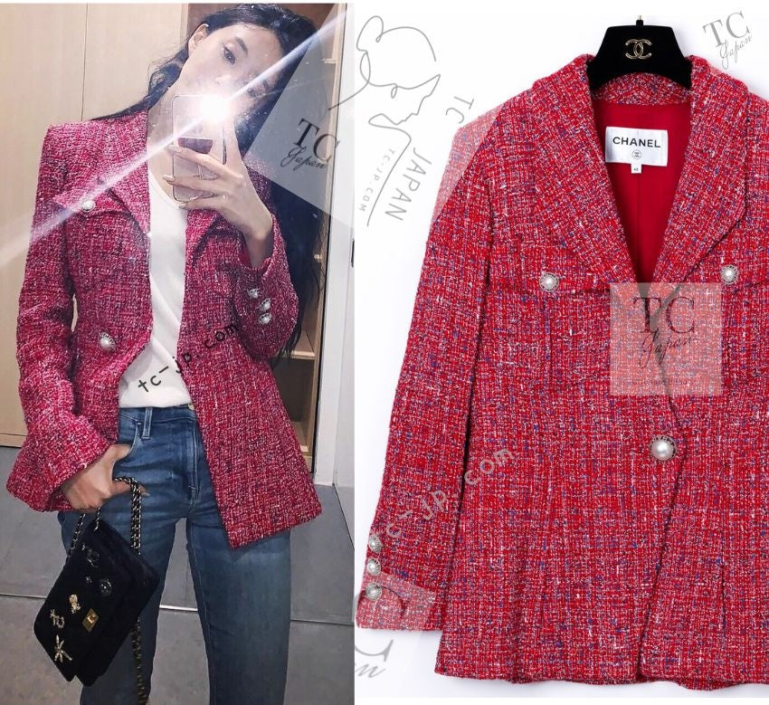 CHANEL 19PS Red Pearl Logo Buttons Cotton Tweed Jacket 40 42 シャネル レッド パール ロゴ ボタン コットン ツイード ジャケット 即発