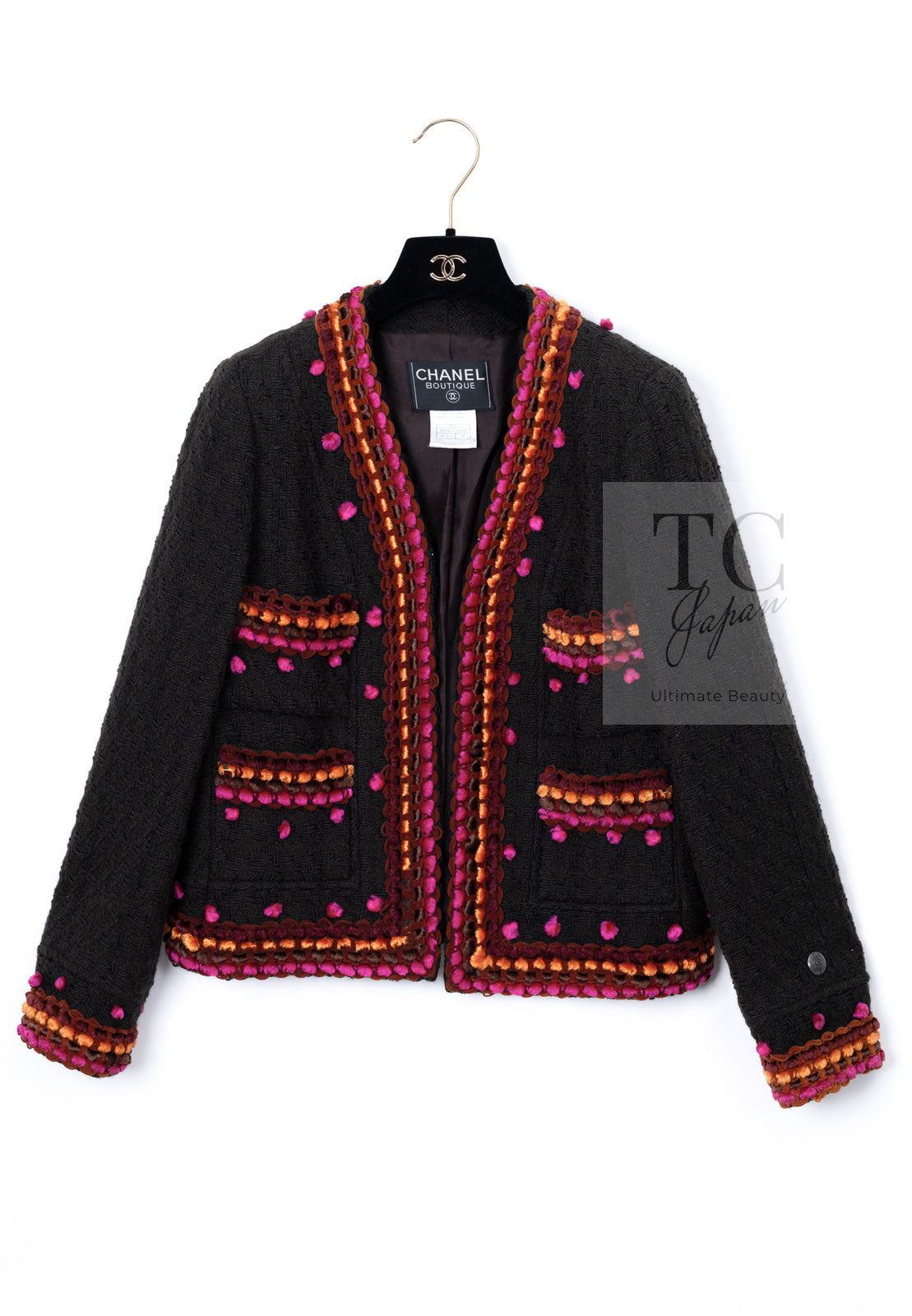 CHANEL 97A Vintage Brown Orange Pink Trim Wool Tweed Jacket 40 シャネル ヴィンテージ ブラウン オレンジ ピンク トリム ウール ツイード ジャケット 即発