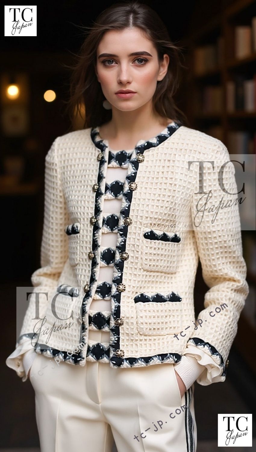 シャネル ジャケット CHANEL クリーム ウール ノーカラー ツイード 