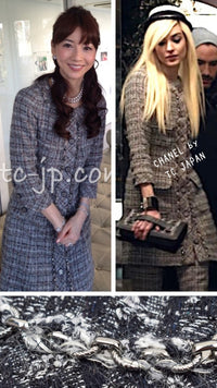 CHANEL 13B Black Gray Ivory Chain Trimming Tweed Coat Dress 36 シャネル ブラック グレー アイボリー チェーン トリミング ワンピース コート 即発