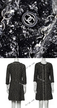 CHANEL 13B Black Gray Ivory Chain Trimming Tweed Coat Dress 36 シャネル ブラック グレー アイボリー チェーン トリミング ワンピース コート 即発