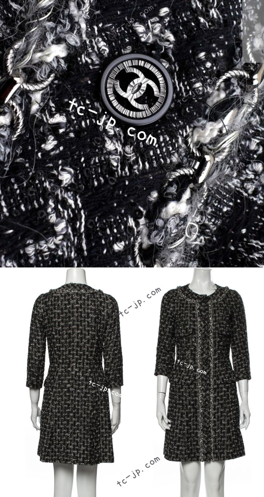 CHANEL 13B Black Gray Ivory Chain Trimming Tweed Coat Dress 36 シャネル ブラック グレー アイボリー チェーン トリミング ワンピース コート 即発