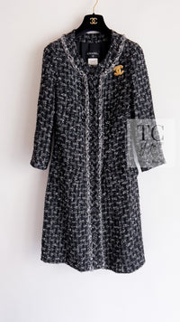 CHANEL 13B Black Gray Ivory Chain Trimming Tweed Coat Dress 36 シャネル ブラック グレー アイボリー チェーン トリミング ワンピース コート 即発