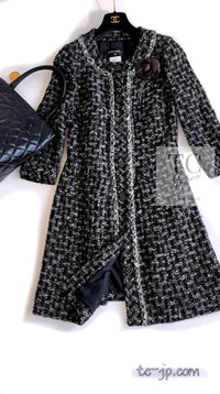 CHANEL 13B Black Gray Ivory Chain Trimming Tweed Coat Dress 36 シャネル ブラック グレー アイボリー チェーン トリミング ワンピース コート 即発