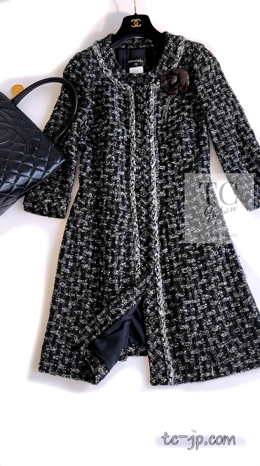 CHANEL 13B Black Gray Ivory Chain Trimming Tweed Coat Dress 36 シャネル ブラック グレー アイボリー チェーン トリミング ワンピース コート 即発