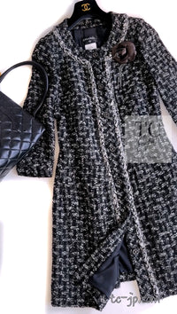 CHANEL 13B Black Gray Ivory Chain Trimming Tweed Coat Dress 36 シャネル ブラック グレー アイボリー チェーン トリミング ワンピース コート 即発