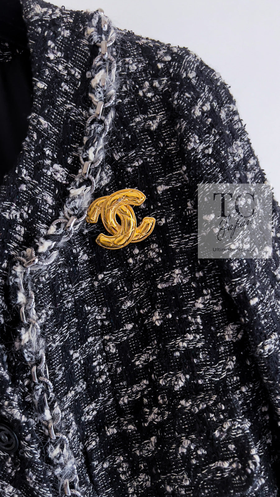 CHANEL 13B Black Gray Ivory Chain Trimming Tweed Coat Dress 36 シャネル ブラック グレー アイボリー チェーン トリミング ワンピース コート 即発