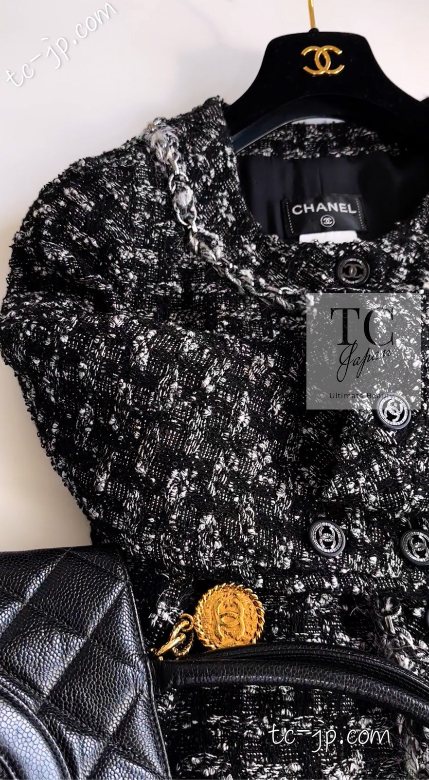 CHANEL 13B Black Gray Ivory Chain Trimming Tweed Coat Dress 36 シャネル ブラック グレー アイボリー チェーン トリミング ワンピース コート 即発