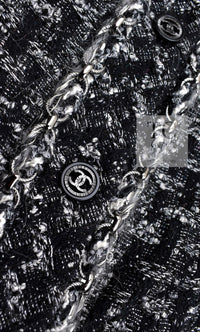 CHANEL 13B Black Gray Ivory Chain Trimming Tweed Coat Dress 36 シャネル ブラック グレー アイボリー チェーン トリミング ワンピース コート 即発