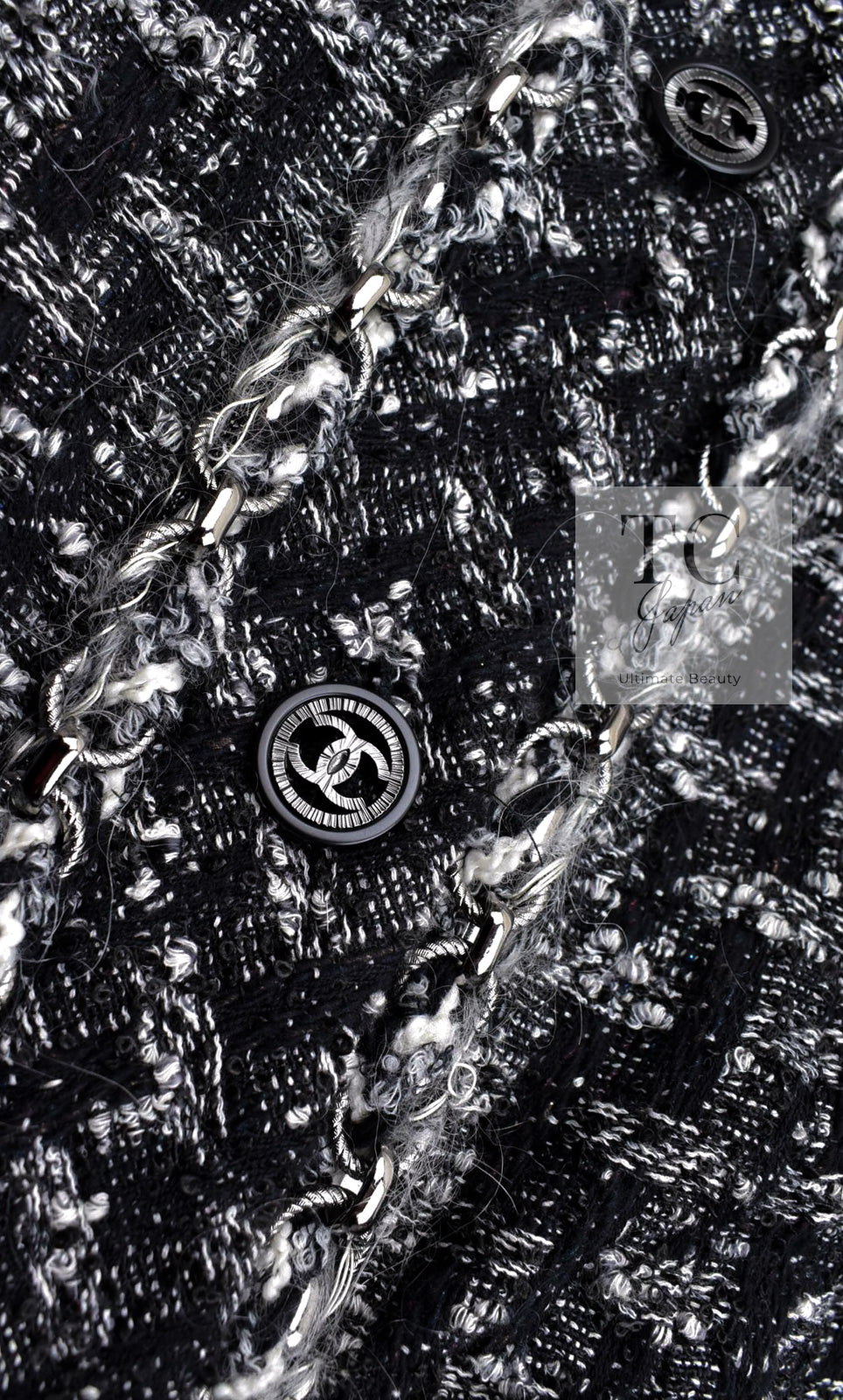 CHANEL 13B Black Gray Ivory Chain Trimming Tweed Coat Dress 36 シャネル ブラック グレー アイボリー チェーン トリミング ワンピース コート 即発