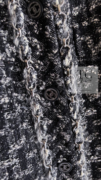 CHANEL 13B Black Gray Ivory Chain Trimming Tweed Coat Dress 36 シャネル ブラック グレー アイボリー チェーン トリミング ワンピース コート 即発